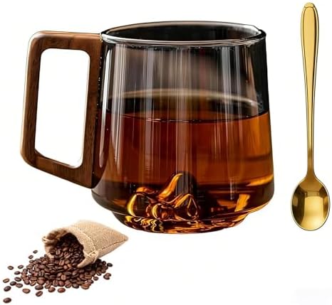 Gray Glass Slanted Coffee Cups with Wooden Handle, 15.2oz Wonder Mountain Bottom Wood Handle Cup, Hot & Cold Drinks Vintage Style Wood Handle Mug for Coffee& Tea Lovers(Brown,1pc) by Unknown