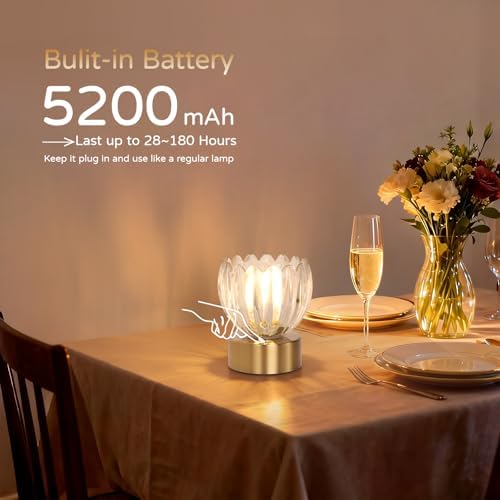 Shenmoyl Cordless Small Table Lamp with 5200mAh Battery & Touch Control, Battery Operated Tulip Table Lamp with 3 Colors, Rechargeable Mini Table Lamps for Bedsides, Bedroom, Nightstand (Transparent) - Image 2