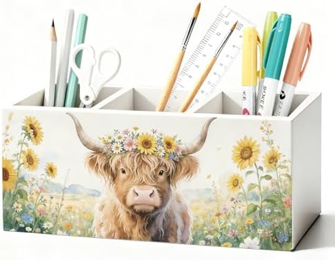 Highland Cow Floral Pen Pencil Holder for Desk, Highland Cow Gifts, Western Office Decor, Rustic Western Cattle Farm Animal Wooden Box Sign Decorations for Home Office Desk Tabletop by Unknown