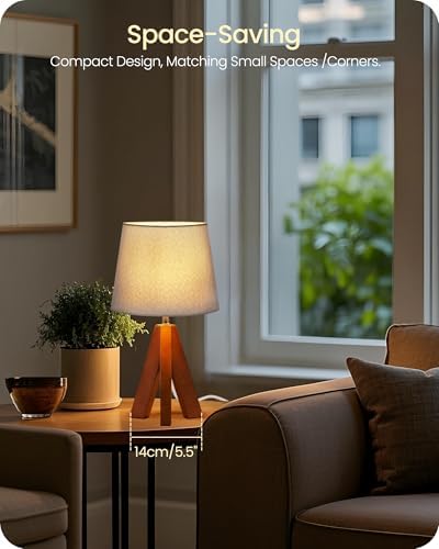 Tripod Table Lamp, 14.6" Small Bedside Lamp with Gray Linen Shade & Dark Wood Base, Modern Nightstand Lamp for Bedroom, Kids Room, Living Room, Nursery, Office, E26 Socket, LH51TL05 - Image 2