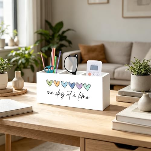 One Day At a Time Inspirational Mental Health Recovery Pen Pencil Holder Organizer for Home Therapy Office Desk Accessories, Motivational Self Love Wood Signs Makeup Brush Toothbrush Holder - Image 5