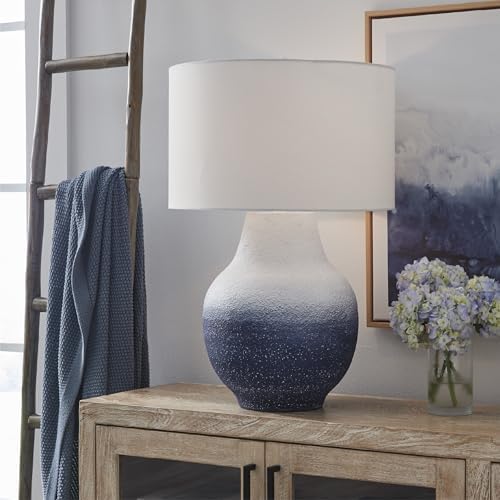 Signature Design by Ashley Dashland Coastal Table Lamp, 31 Inch Tall Statement Height, Textured Metal Base with Fabric Drum Shade, Large Living Room Lighting, White and Navy Blue Ombre - Image 2