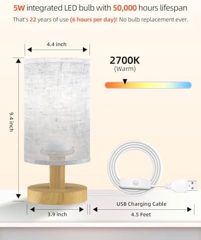 Small Table Lamp for Bedroom - Inline Control, Bedside Lamp for Warm Light LED Desk Lamp, Wood Base Round Flaxen Fabric Shade for Kids Room, Living Room, College Dorm, Home, Office - Image 2