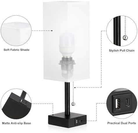 Set of 2 White Bedside Table Lamps for Bedroom - Nightstand Lamp, USB C+A - Image 4