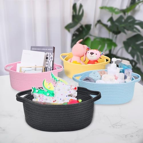 ABenkle Small Basket with Handles, Boho Decorative Rope Woven Dog Cat Toy Storage Bin Shelf Storage Organizer, Easter Christmas Gift Basket, 12"x8"x5", Black - Image 6