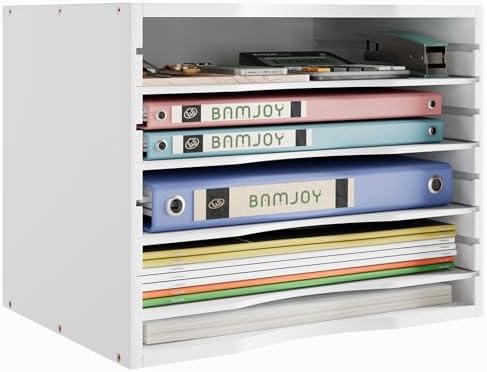 Bamjoy Bamboo 5 Tier Desktop Organizer, Paper Organizer Mail Sorter, File Holder Letter Document Storage with Adjustable Shelves for School Home Office, White by Bamjoy