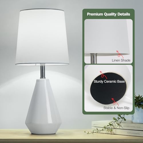 Small Bedside Table Lamp for Bedroom-Reading Desk Lamp Set of 2,with 3 Color Temperatures,15.5" Nightstand Ceramic Lamp with Fabric Shade for Kids Room,Living Room,Dorm,Home Office(White) - Image 4