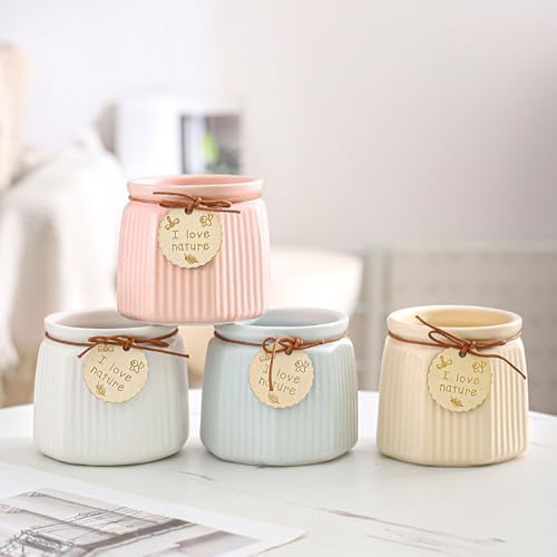 Pastel Ceramic Succulent Pots, Small Mini Flower Planter Pots with Jute Tag, Decorative Indoor Cactus Plant Container for Home Windowsill Desktop Decor (Beige) - Image 3