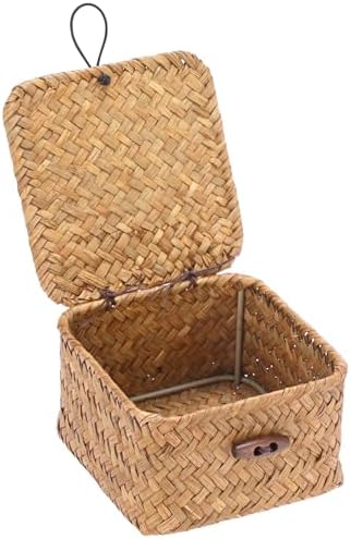 Hipiwe Handwoven Seagrass Basket Decorative Shelf Basket with Lid Mini Square Wicker Storage Box, Caramel Color, 4.7" x 4.7" x 3" by Hipiwe