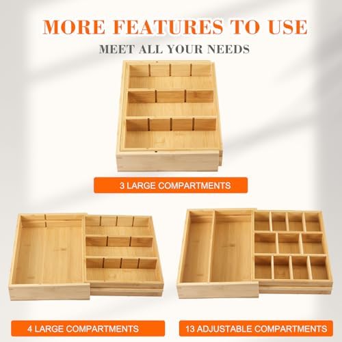 Bamboo Sliding Desk Drawer Organizer 9'' up to 17.9'' x 12'' x 2.2'' Expandable Office Desk Accessories Supplies Tray with 11 Compartments for Pens, Notebooks, Rulers, and Makeup Jewelry Vanity - Image 3