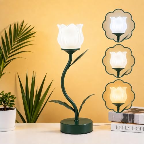 Tulip Lamp for Bedroom, Cute Flower Table Lamp with G9 LED Bulb, 3 Color Temperature Bedside Lamp, Vintage Kawaii Desk Lamp for Nightstand Living Room, Green by Unknown