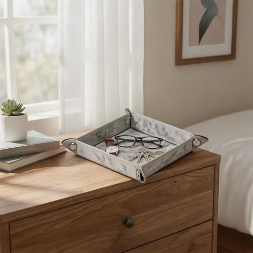 Valet Tray Desktop Storage Organizer – Vegan Leather Catchall Bedside Vanity Tray Nightstand Caddy Holder for Remote Controller, Watch, Keys, Phone, Wallet, Coin, Jewelry, Marble White - Image 6
