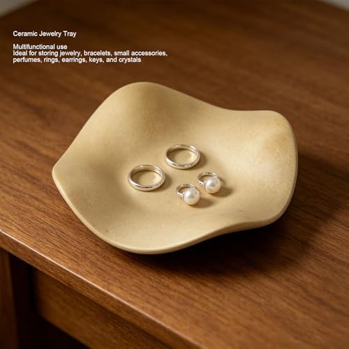 Yosoo Health Gear Ceramic Jewelry Tray Ring Dish Key Holder 6.69x6.69x1.18in Minimalist Vanity Decor with Polished Finish for Home Bathroom Bedroom (Gold) - Image 3
