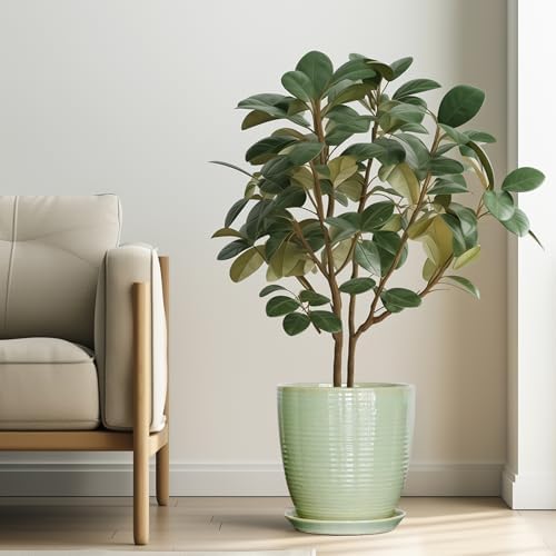 Ceramic Planter - 10 Inch Plant Pot for Indoor Outdoor with Drainage Hole and Plant Tray, Modern Round Home Office Patio Room Decor, House Warming Gifts, Green - Image 2