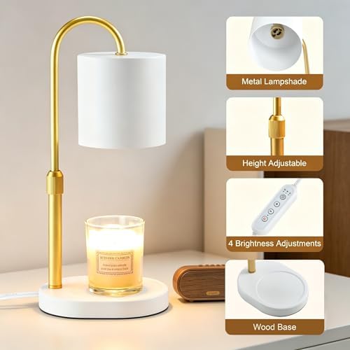 Dreamholder Electric Candle Warmer Lamp with Timer, Dimmable Candle Lamp with Adjustable Height, Wax Melter for Jar Candles Wood Base Floral Home Decor Gifts for Women Mom, White Gold - Image 5