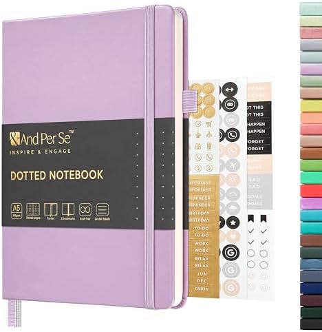 &And Per Se Dotted Journal Notebook, A5 Hardcover Leather Dotted Journal, 160 Pages 100gsm Thick Dot Grid Paper, 3 Sheets of Stickers Included - 5.7'' x 8'' (Light lavender) by AndPerSe
