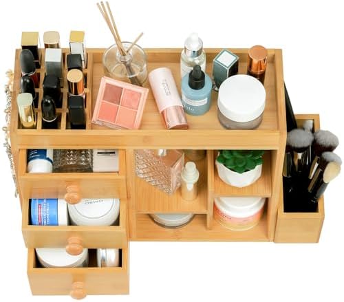 Elsjoy Large Countertop Bamboo Makeup Organizer with 3 Drawers, 12-Grid Lipstick Holder, Jewelry Hanging Hooks, Makeup Brush Holder, Desktop Wood Cosmetic Organizer Stand for Vanity - Image 4