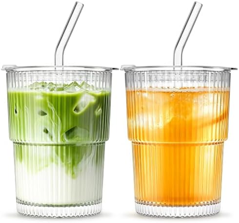 INSETLAN 13oz Glass Tumbler with Lid and Straw 2 Pack - Ribbed Glass Cup Iced Coffee Glasses, Clear Leakproof Tumbler Cup for Smoothies, Iced Latte,Matcha, Cold Drinks by INSETLAN