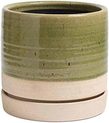 HERDUK 6 Inch Plant Pots, Ceramic Planter Pot with Drainage Hole & Saucer, Indoor/Outdoor Cylinder Round Planter Pot, Green & Beige by Herduk