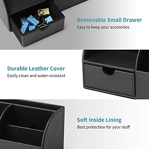 VLANDO Desk Organizer with Drawer, Leather Office Storage Caddy, Black - Image 4