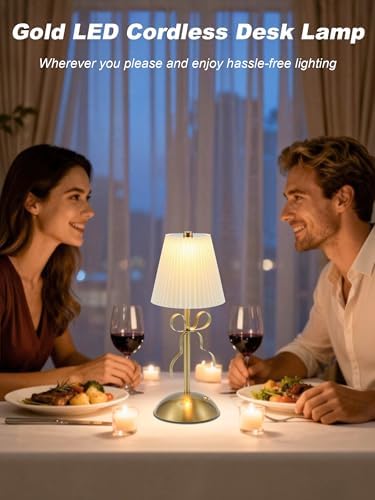 Cordless Table Lamp, Small Gold Bow Night Light, LED Rechargeable - Image 2