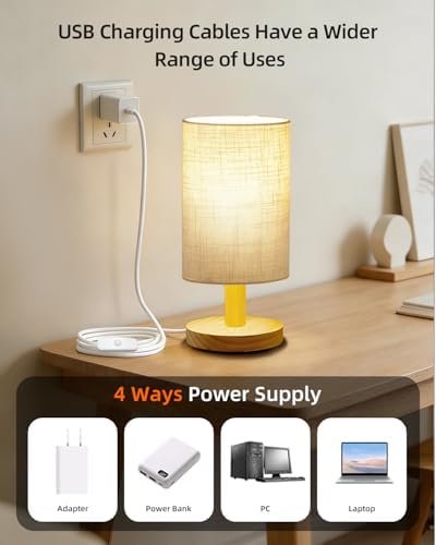 Small Table Lamp for Bedroom - Inline Control, Bedside Lamp for Warm Light LED Desk Lamp, Wood Base Round Flaxen Fabric Shade for Kids Room, Living Room, College Dorm, Home, Office - Image 5