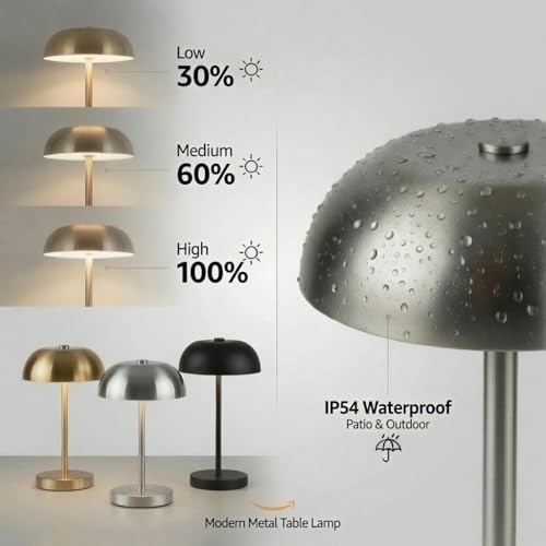 2 Pack Portable LED Mushroom Table Lamp, Metal Cordless Desk Night Light, Stepless Dimming Touch Lamp with 3 Colors for Bedroom Bedside Restaurant Bar, Black - Image 4