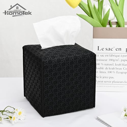 HOMOTEK 1 Pack Tissue Box Cover, Square PU Leather Tissue Holder, Decorative Facial Tissue Cube Paper Organizer Dispenser for Bathroom, Night Stands, Desk, Car 5X5X5'' - Rattan Weave, Black - Image 5