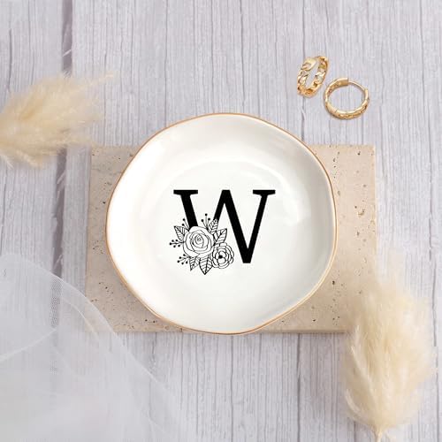 JoycuFF Initial W Ceramic Jewelry Tray, Bridesmaid Bride Gifts, Mothers Day Christmas Anniversary Engagement Birthday Gifts for Women Couples, Trinket Dish for Rings Earrings Necklaces Bracelets Keys - Image 2
