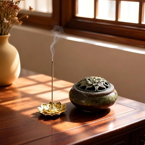Ceramic Incense Burner, Bowl Burner,Cone Incense Burner with Brass lid for use with Stick or Cone-Shaped Incense，Lotus Incense Stick Holder Calabash Incense Stick Holder, 3pc (Fambe Green) - Image 4