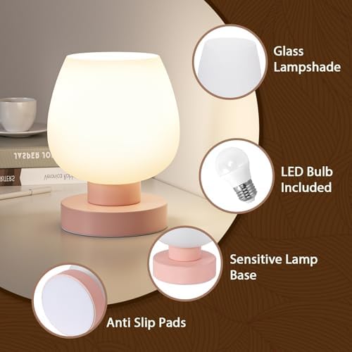 Seealle Pink Touch Table Lamp for Nightstand - Small Bedside Lamp for Bedroom Living Room Night Stands, Desk Lamp with White Glass Shade for Small Spaces, 3 Way Dimmable, LED Bulbs - Image 3