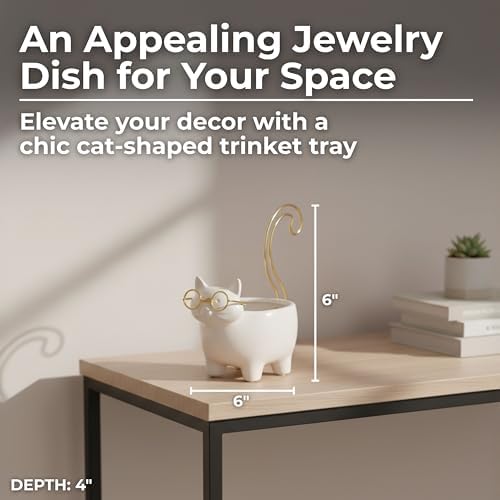 Ceramic Jewelry Dish & Trinket Tray – Ring Dish and Catchall for Everyday Accessories, Vanity or Nightstand Display – Cat Silhouette Decorative Tray Accent, Home Decor – 6", White & Gold - Image 2
