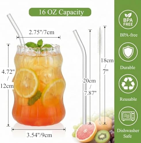 Tebery 4 Pack Cute Drinking Glasses, 16 Oz Ribbed Iced Coffee Cup Tumbler with Straws, Aesthetic Vintage Water Glassware Mug for Cocktail Smoothie Juice Beverage Milk Tea - Image 2