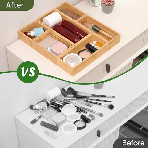 Bamboo Drawer Organizers Set with Removable Dividers, 5PCS Adjustable Multi-Use Wood Storage Organizers(5-9 Grids), Desk Drawer Tray for Bathroom, Office, Dresser, Storage Box for Jewelry, Makeup - Image 3
