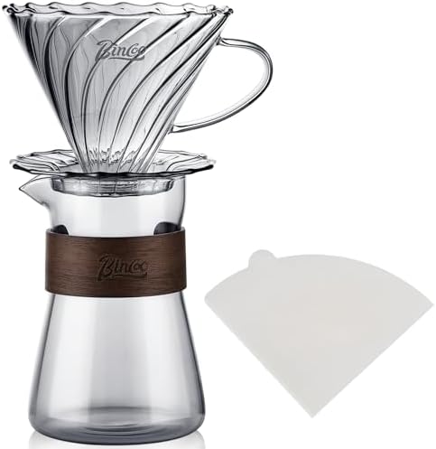 Bincoo Pour Over Coffee Dripper Set, V-shape 60° Cone Drip Coffee Maker, Included Borosilicate Glass Carafer and Coffee Dripper & 50 Pcs Size 02 Paper Filter, 16oz(500ml) (Smoky Gray Set) by Bincoo