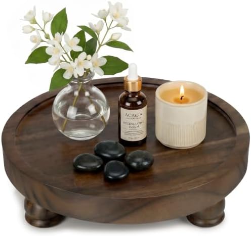 Demigo Acacia Wood Round Tray, 10 in Pedestal Riser Stand, Dark Brown by Demigo