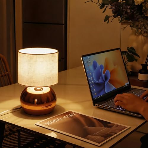 Modern Rose Gold Table Lamp Set of 2, 6.2X6.2X10.4 Inch Small Bedside Nightstand Light, with Linen Shade and Included LED Bulb, for Bedroom Living Room - Image 4