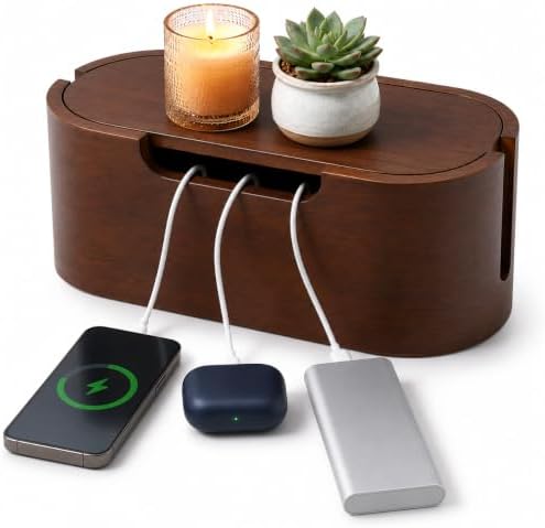 Wooden Cable Management Box with Lid, Decorative Cord Organizer for Power Strip & Charger Cables, Ventilation Holes & Side Slots, Solid Pine Wire Hider for Desk, Home Office, Dorm & Minimalist Setup by Hotlea