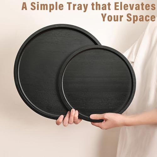 Round Wooden Serving Tray, 13.8 Inch Acacia Decorative Tray, Black - Image 7