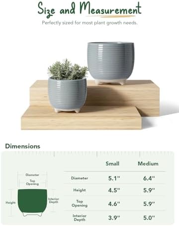 LE TAUCI Ceramic Plant Pots, 5.1 + 6.4 Inch Footed Pots for Plants, Modern Flower Pots for Home and Office, Indoor Planters with Drainage, Reactive Glaze Gray - Image 5