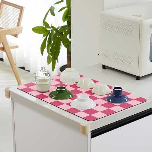 Ohocut Checkered Dish Drying Mat for Kitchen Counter, Coffee Bar Station Accessories, Retro Cute Aesthetic Modern Absorbent Drainer Mat Kitchen Drying Mat Easy Clean, Hot Pink 12" x 19" - Image 3