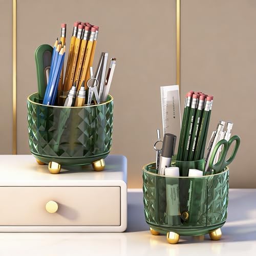 GOTOBA Dark Green Pen Pencil Holder for Desk, 360° Rotating Pen Organizer, Green Office Supplies, Cute Pen Holder, 6-Compartment Pencil Holder Rotating - Image 4
