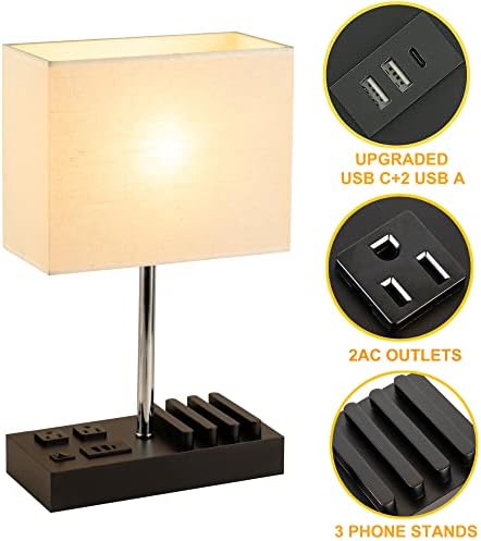 Briever USB Table Lamp, Multi-Functional Desk Lamp with 2 AC Outlets, Bedside Lamp with 3 USB Charging Ports and Wooden Phone Stands, Nightstand Lamp for Bedroom, Livingroom, Office, Linen Shade - Image 2