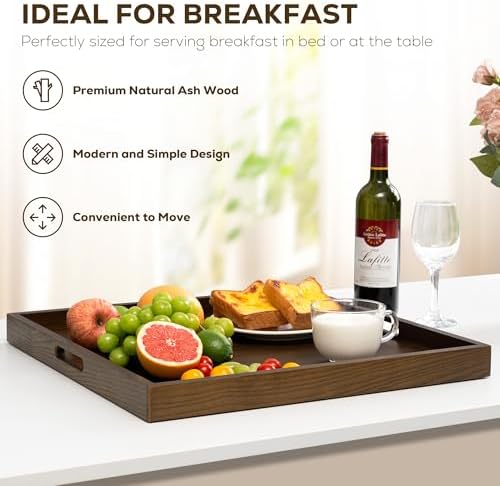 Axeman 20 Inch Large Square Wooden Ottoman Tray for Living Room|Extra Large Serving Tray with Handles for Coffee Table, Breakfast|Decorative Wood Tray for Ottoman Couch Sofa Kitchen|Walnut - Image 4