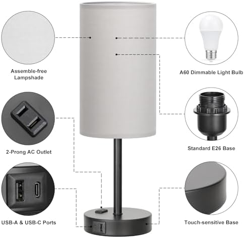 Fenmzee 17.4" Grey Lamp for Bedroom - Dimmable Touch, USB A+C, AC Outlet - Image 5