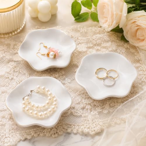 9 Pcs Ceramic Jewelry Dish Bulk White Lotus Leaf Shape Ring Holder Dish, Small Key Bowl Decorative Ring Tray, Ceramic Trinket Tray for Earrings, Rings, Key Bowl (White, 4.3in) - Image 6