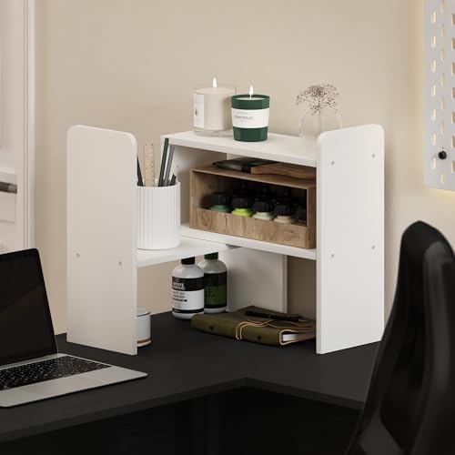 Furinno Classic Desk Organizers and Hutch, Open Shelf Expandable Office Organization, Adjustable Desk Top Display Book Shelf, for Paper, Office Supplies, White - Image 2