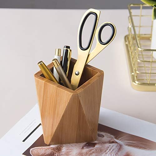 Bamboo Wood Pen Holder Stand for Desk Geometric Pencil Cup Pot Cute Desktop Office Supplies, Makeup Brushes Organizer (Bamboo) - Image 5