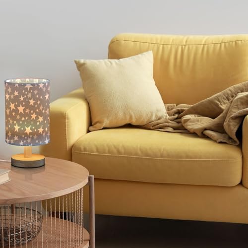 White Stars on Grey Background Bedside Table Lamps with USB Port for Bedroom Lamp Small Nightstand Lamp Sturdy Linen Shade Wooden Base Decorative Lamps for Kids Reading Dorm Home - Image 2