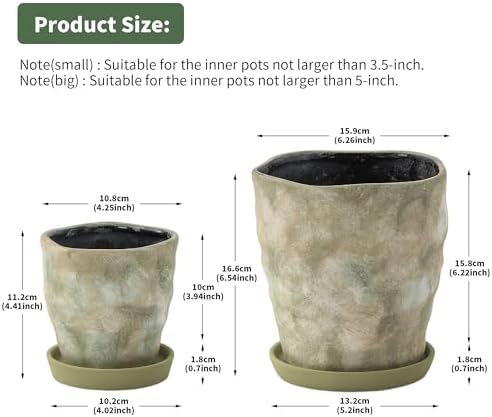 4+6 Inch Ceramic Planter Set of 2 with Drainage Hole,Saucer for Plants, Indoor-Outdoor Large Round Succulent Orchid Flower Pot- Cement Paint, Inner-pots not Larger Than 5 Inch Light Green - Image 3